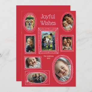 Joyful Wishes Red Doodle Photo Frame Collage Holiday Card