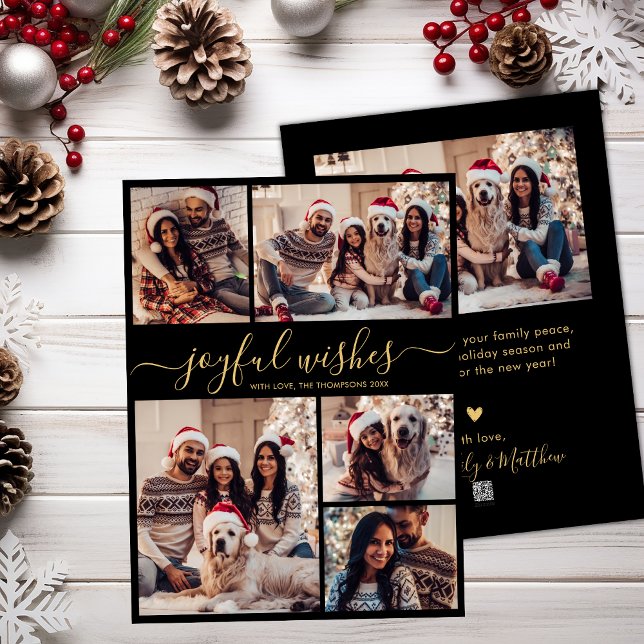 Joyful Wishes Script 5 Photo Collage Christmas  Holiday Card (Creator Uploaded)