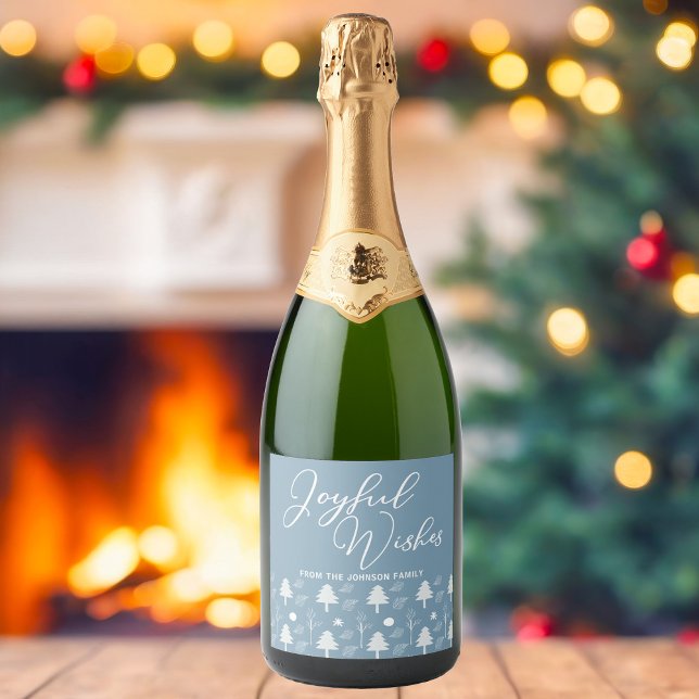 Joyful Wishes Slate Blue Christmas Trees Custom Sparkling Wine Label (Creator Uploaded)