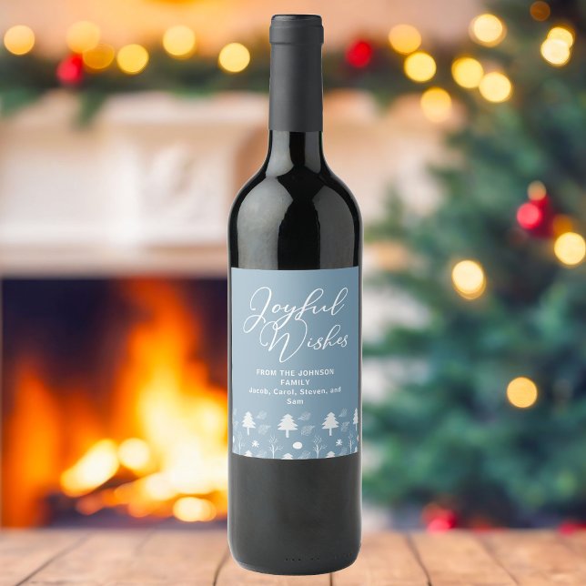 Joyful Wishes Slate Blue Christmas Trees Custom Wine Label (Creator Uploaded)