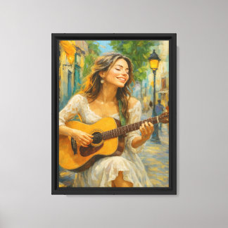 Joyful Woman Playing Guitar in Sunny Street Canvas Print