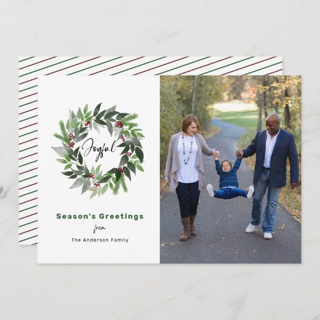 Joyful Wreath Minimal Photo Christmas Holiday Card (Front/Back)