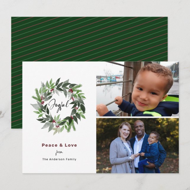 Joyful Wreath Peace & Love 2 Photo Christmas Green Holiday Card (Front/Back)
