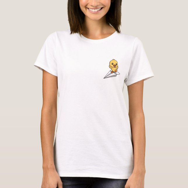 Joyful Yellow Duckling Surfing on a Paper Airplane T-Shirt (Front)