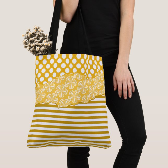 Joyful Yellow Stripes Floral Polka Dot Layered Tote Bag (Close Up)