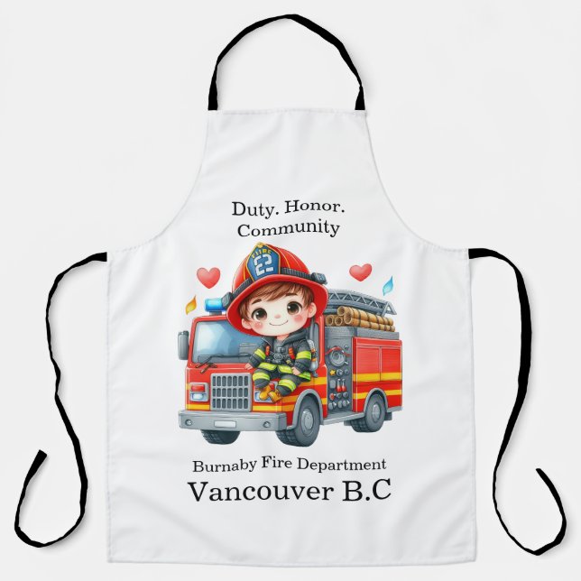 Joyful young firefighter on red truck apron (Front)