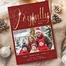 Joyfully Blessed Red Gold Sparkle Family Photo Holiday Card