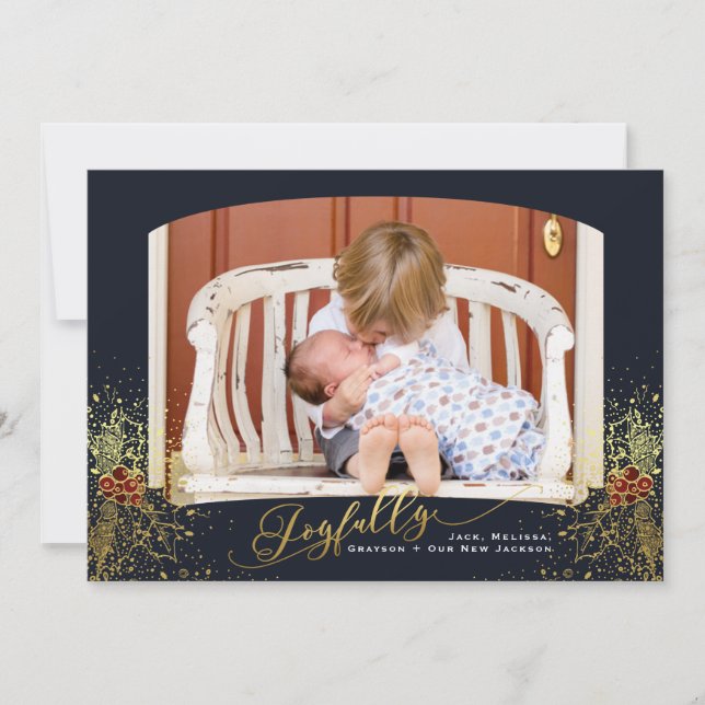 Joyfully Confetti Navy Frame Photo Card (Front)