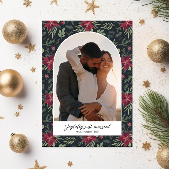 Joyfully Married Christmas Photo Floral Arch Holiday Postcard (Creator Uploaded)