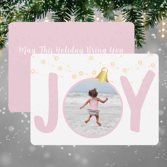 Joyl Baby Pink Christmas Card with Single Photo (Joy In Baby Pink Single Photo Christmas Holiday Card)