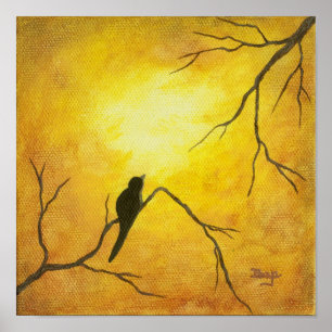 Joyous Bird Art on Branch Golden Sunshine Brown Poster