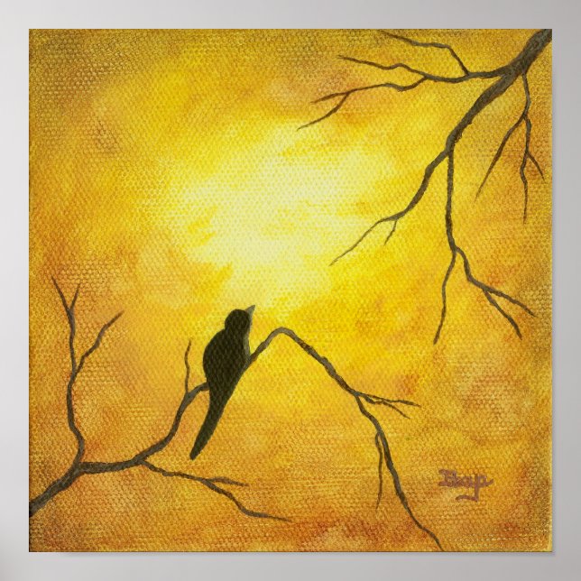 Joyous Bird Art on Branch Golden Sunshine Brown Poster (Front)