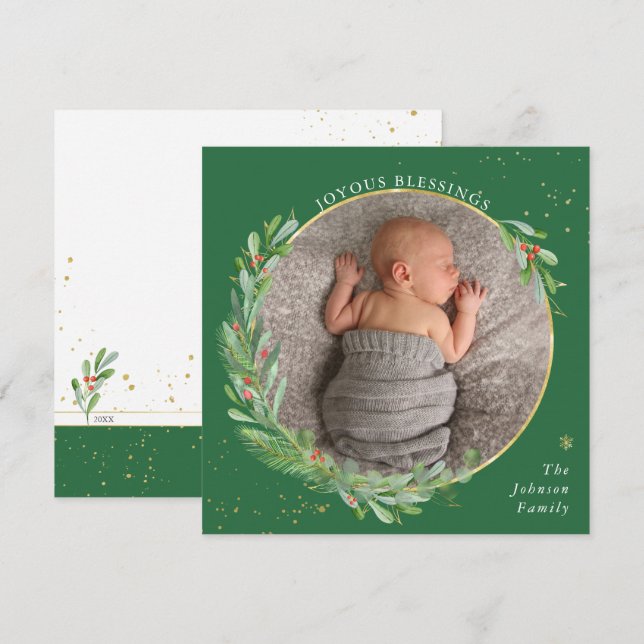 Joyous Blessings Watercolor Christmas Greenery Holiday Card (Front/Back)