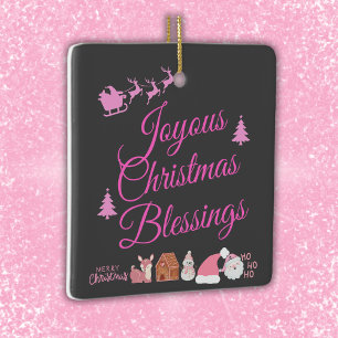Joyous Christmas Blessings Pink on Charcoal   Ceramic Ornament