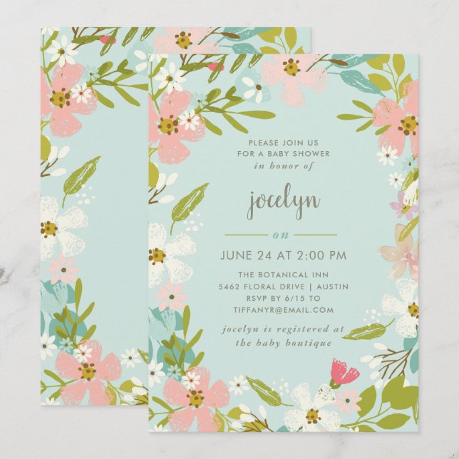 Joyous Floral | Mint Baby Shower Invitation (Front/Back)