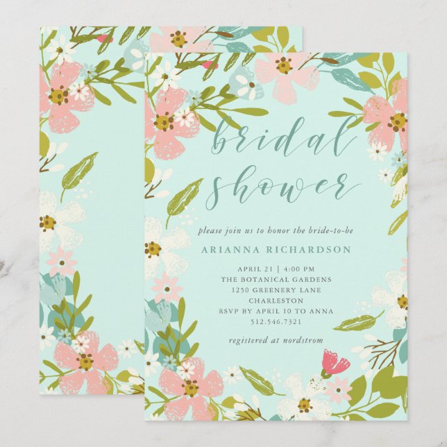 Joyous Floral on Mint Green | Bridal Shower Invitation (Front/Back)