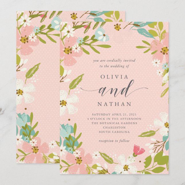 Joyous Floral on Pink | Wedding Invitation (Front/Back)