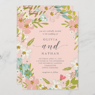 Joyous Floral on Pink   Wedding Invitation