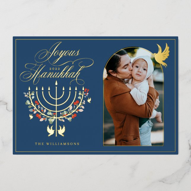 Joyous Hanukkah Festive Menorah Candle Photo Blue Foil Holiday Card (Front)