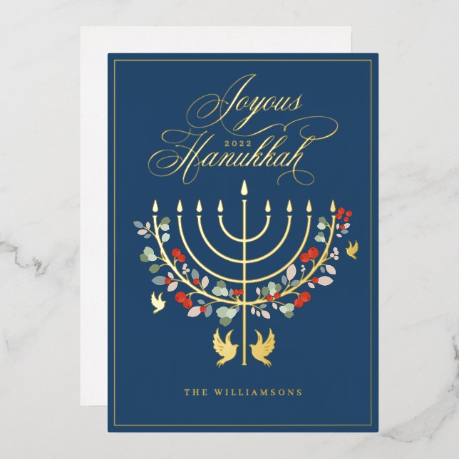 Joyous Hanukkah Festive Menorah Candle Photo Foil Holiday Card (Front/Back)
