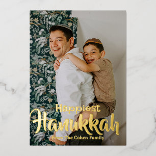 Joyous Hanukkah Simple Hanukkah family photo Foil Holiday Card