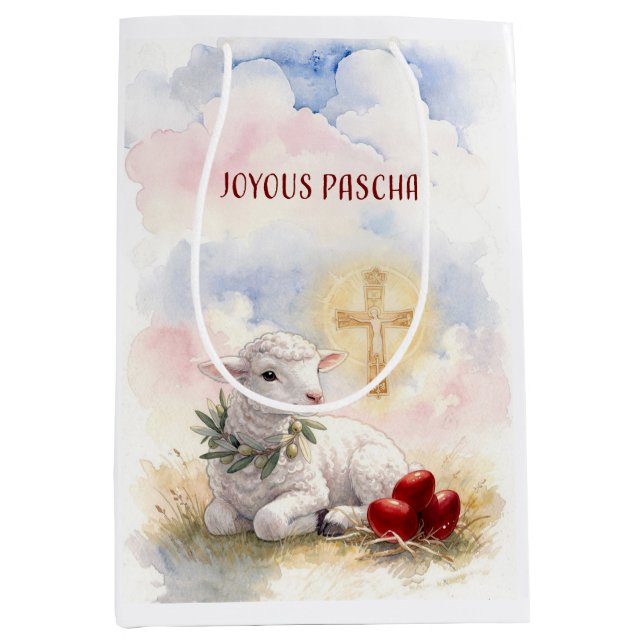 Joyous Pascha Lamb, Red Eggs and Cross Medium Gift Bag (Front)