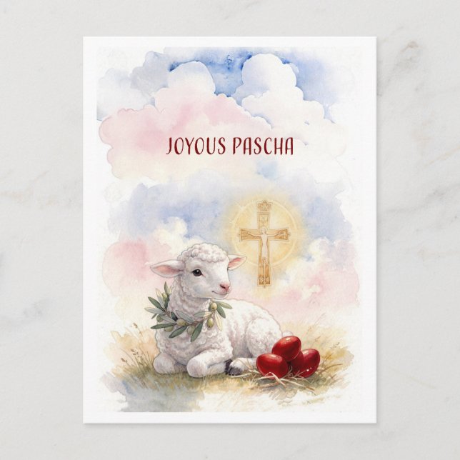 Joyous Pascha Lamb, Red Eggs and Cross Postcard (Front)