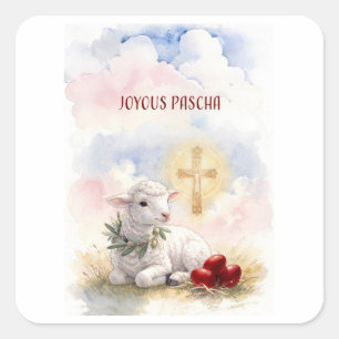 Joyous Pascha Lamb, Red Eggs and Cross Square Sticker