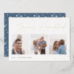 Joyous Sketch | Hanukkah Photo Collage Foil Holiday Card<br><div class="desc">Send Hanukkah greetings to friends and family in chic style with our elegant photo cards. Designed to accommodate three of your favourite photos arranged side by side in a collage format, card features "joyous Hanukkah" in gold foil casual hand sketched script lettering adorned with hand drawn stars at the corners....</div>