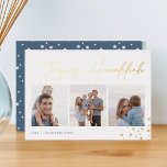 Joyous Sketch | Hanukkah Photo Collage Foil Holiday Card<br><div class="desc">Send Hanukkah greetings to friends and family in chic style with our elegant photo cards. Designed to accommodate three of your favourite photos arranged side by side in a collage format, card features "joyous Hanukkah" in gold foil casual hand sketched script lettering adorned with hand drawn stars at the corners....</div>