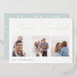 Joyous Sketch | Hanukkah Photo Collage Foil Holiday Card<br><div class="desc">Send Hanukkah greetings to friends and family in chic style with our elegant photo cards. Designed to accommodate three of your favourite photos arranged side by side in a collage format, card features "joyous Hanukkah" in gold foil casual hand sketched script lettering adorned with hand drawn stars at the corner....</div>