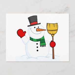 Joyous Snowman Holding A Broom And Waving Postcard