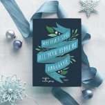 Joyous Tidings | Corporate Hanukkah Card<br><div class="desc">Elegant flat holiday cards for your business feature "may love and light fill your heart at Hanukkah" in hand lettered typography on a blue watercolor ribbon accented with green leaves and white berries. Personalize with your name or company name and the year in white on a navy blue background, and...</div>