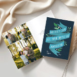 Joyous Tidings | Hanukkah Card w/ Inside Photos<br><div class="desc">Elegant folded holiday cards feature "may love and light fill your heart at Hanukkah" in hand lettered typography on a blue watercolor ribbon accented with green leaves and white berries. Personalise with your family name and the year in white on a navy blue background, and customise the inside with three...</div>
