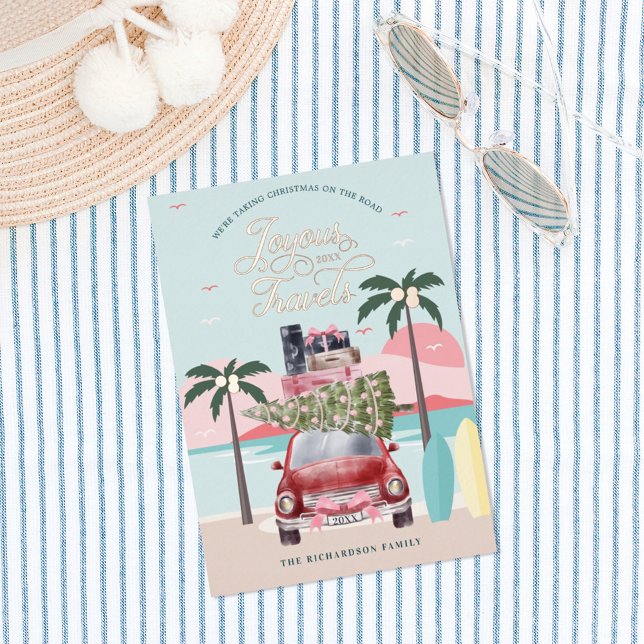 Joyous Travels Tropical Road Trip Pink Retro Car Foil Holiday Card (Creator Uploaded)