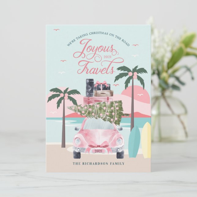 Joyous Travels Tropical Road Trip Pink Retro Car Holiday Card (Standing Front)