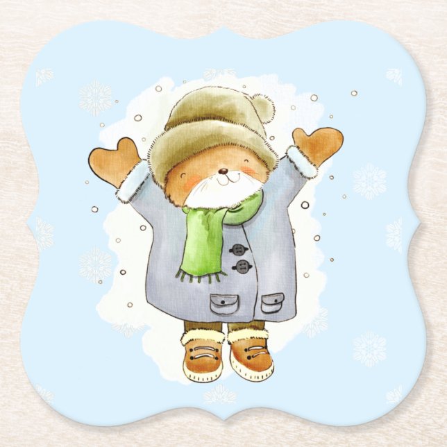 Joyous Winter Cat Paper Coaster (Front)