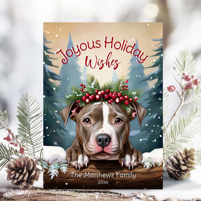 Joyous Wishes Winter Wonderland American Pit Bull Holiday Card (Adorable Winter Snowy Scene With Peeking Dogs or Farm/Woodland Animals - Over 50 to Choose From!)