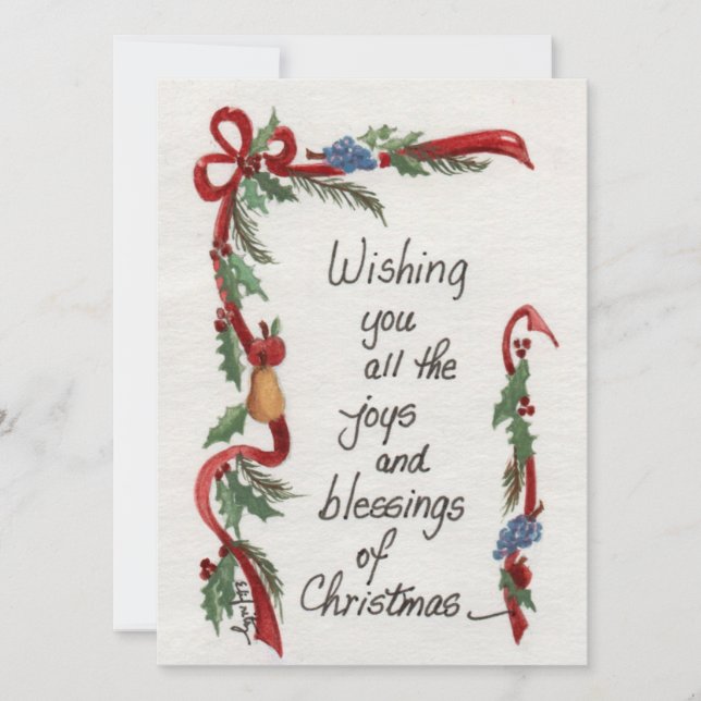 "Joys and Blessings" Christmas wish Green Garland Holiday Card (Front)