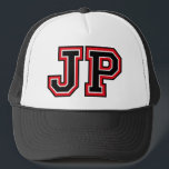 'JP' Monogram Trucker Hat<br><div class="desc">Classic red and black initials "JP" monogram hat</div>