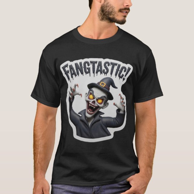 Jubilant cartoon zombie character with fangs and F T-Shirt (Front)