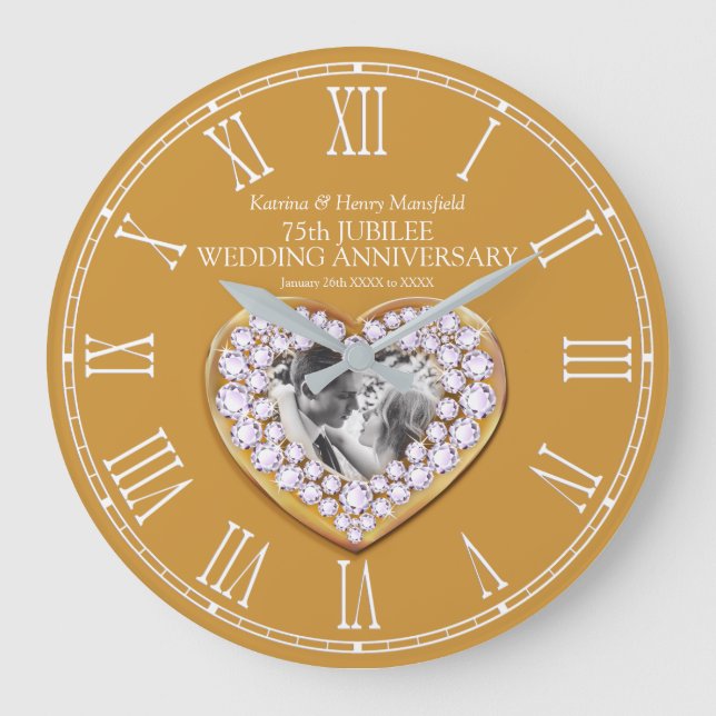 Jubilee photo heart 75th wedding anniversary large clock (Front)