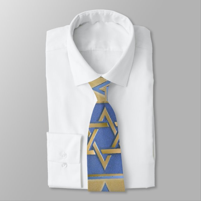 Judaica Blue Gold Star Of David Print Tie (Tied)