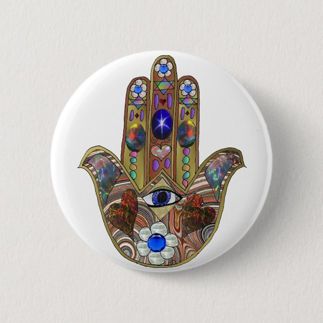 Judaica Hamsa Hearts Flowers Opal Art Print 6 Cm Round Badge (Front)