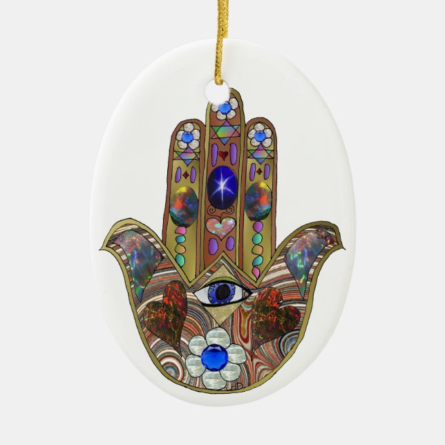 Judaica Hamsa Hearts Flowers Opal Art Print Ceramic Tree Decoration (Front)