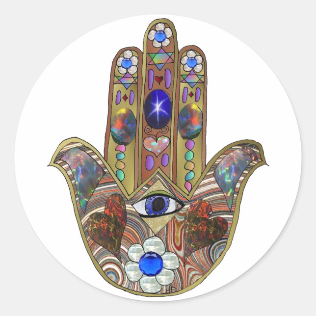 Judaica Hamsa Hearts Flowers Opal Art Print Classic Round Sticker (Front)