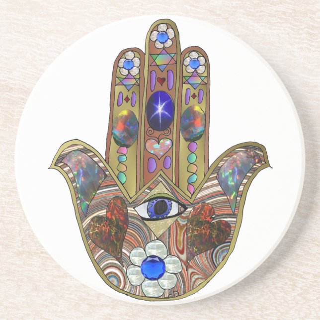 Judaica Hamsa Hearts Flowers Opal Art Print Coaster (Front)