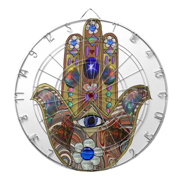 Judaica Hamsa Hearts Flowers Opal Art Print Dartboard (Front)