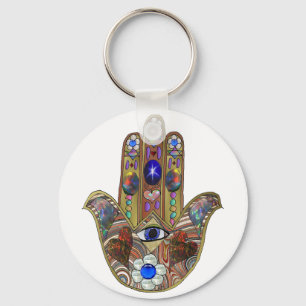 Judaica Hamsa Hearts Flowers Opal Art Print Key Ring