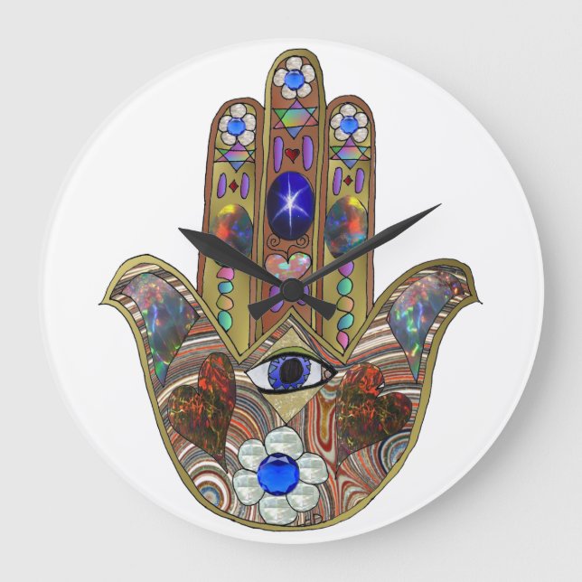 Judaica Hamsa Hearts Flowers Opal Art Print Large Clock (Front)